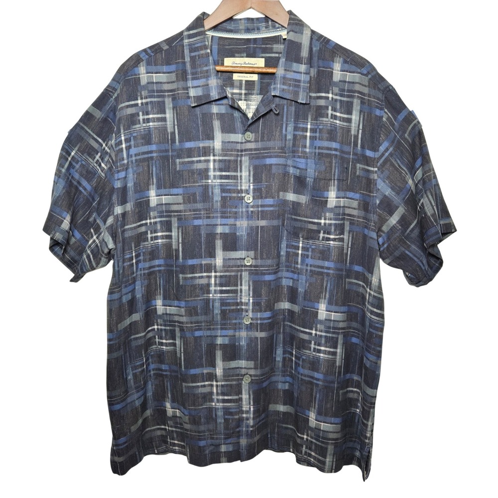 Tommy Bahama Men's XL Shirt 100% Silk Plaid Blue Abstract Hawaiian Original Fit